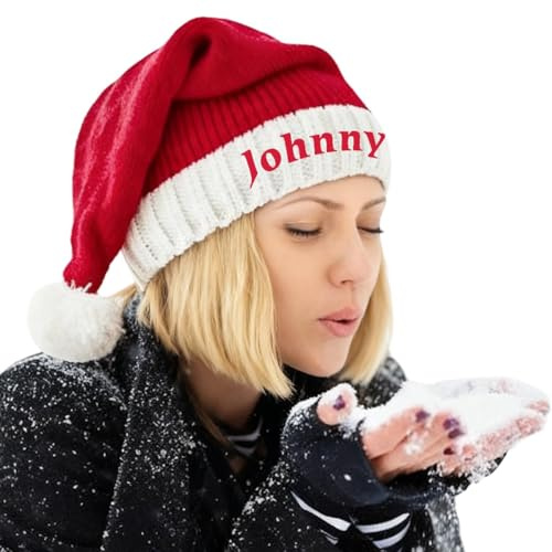 Lousrion Personalisierte Weihnachtsmütze mit Namen für Erwachsene und Kinder, individuelle Weihnachtsstrickmütze, bestickt, Weihnachtsgeschenk, Neujahrsgeschenk