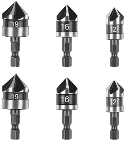 6 Pcs Countersink Drill Bit 1/4 Inch Hex Shank 5 Flute 90 Degree Chamfering Countersink Drill Bit Set 12mm 16mm 19mm Counter Sink Drill Bits for Wood Metal Countersink Drill Bit Set