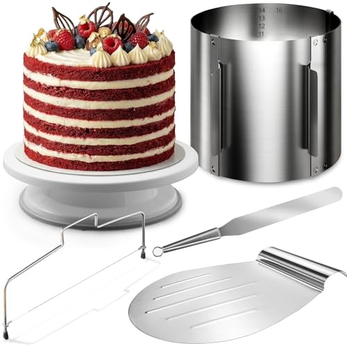Menz Edelstahl Tortenschneider Set, 5 Teile - Tortenschneider + Tortenring verstellbar hoch 15 cm + Tortenheber + Tortenplatte drehbar + Streichpalette