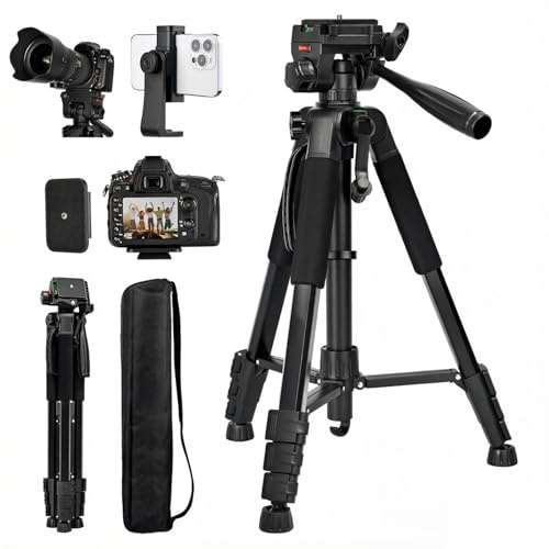 Trípode para cámara de 182 cm, trípode de viaje de aluminio ligero con cabeza de 3 vías de 360°, soporte para teléfono y bolsa de transporte para cámara réflex digital y video