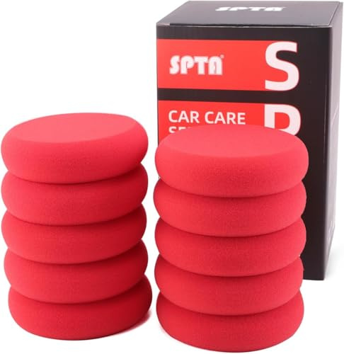 SPTA Foam Applicator Pads, 4 Inch Round Shape Side Pressing Hand Polishing Red Sponge Pads Kit Detailing Buffing Pads for Waxing Polishing Paint Ceramic Glass Cleaning, Pack of 10 -HPWR10