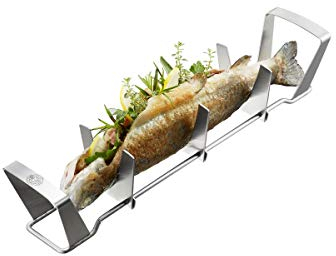 GEFU Fischhalter BBQ – Edelstahl-Fischhalter für Grill & Backofen, kein Wenden & Auslaufen von Marinade, stufenlos verstellbare 3-Punkt-Auflage für Fische bis 35cm – spülmaschinenfest