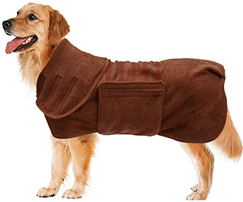Geyecete Hundebademantel aus Mikrofaser,Bademantel Hund Extra Saugfähig,Schnell trocknend Badetuch,hundebademantel mittelgroße Hunde-Braun-L