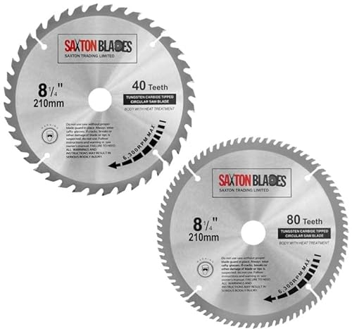 Saxton TCT Circular Wood Mitre Saw Blades 210mm x 40 & 80T x 25.4mm Bore fits Evolution Rage Saws (Pack of 2)