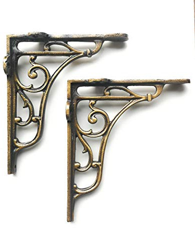 Classic Victorian Scroll Shelf Brackets - Pair in Antique Brass 7x7.5''