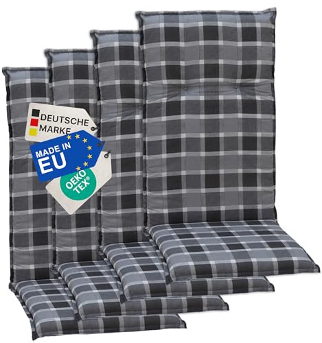 NYVI Gartenstuhl Auflagen Hochlehner 4er Set Barcelona - UV-Beständig, Atmungsaktiv, Strapazierfähig - Hochlehnerauflagen Sitzkissen Outdoor - Sitzauflagen für Gartenstühle 118x50cm Anthrazit kariert