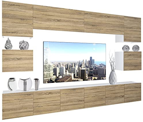 BELINI Wohnwand Schrankwand NEX 3 mit LED-Beleuchtung, Sonoma Eiche | Vollausstattung Wohnzimmer-Set Moderne Schrankwand Anbauwand TV-Schrank