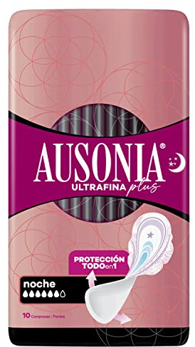 Compresas Con Alas y parte trasera más ancha, Ausonia Ultrafina Plus Noche, Protección Y Ligero Aroma Todo En Uno, 10 Compresas