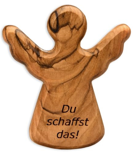 Kassis Geschenkartikel Olivenholz-Schutzengel - Handgefertigte Engel-Figur aus Bethlehem - Schutzengel-Glücksbringer - (Du schaffst das) - (1 Stück)