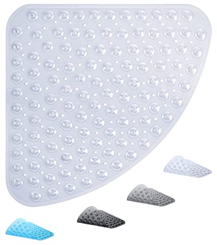 ADOV Alfombrilla de Ducha de Esquina, 54x54 cm Alfombrilla de Baño Antideslizante Curva, Alfombrilla de Goma Cuadrante para Suelo de Baño, Alfombrillas de Ducha Sector Lavables con Ventosas – Blanco