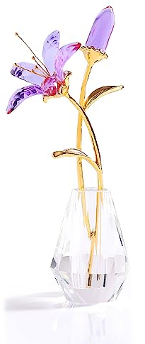 Crystal Lily Flower Figurine Collectible Gifts for Women, Glass Lilium Floral with Metal Stem Crystal Vase for Wedding Valentine's Day Party Home Ornament Decor (Purple)
