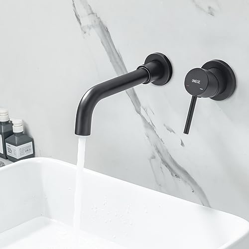 ONECE Grifo de Lavabo Negro Montado en la Pared, Grifería Baño de Latón, Mezclador Monomando Empotrado, Función Frío y Caliente, Rotación de 360°, Aireador Extraíble