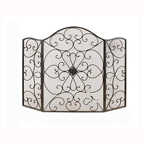 JUNNIU Feuerschutzwand, Schmiedeeisen, Schwarze Kaminschutzwand mit Netz, dreifach gefaltet, für Wohnzimmer, Kamintür, Ofenwand, Neuer Kaminschutz Decoration