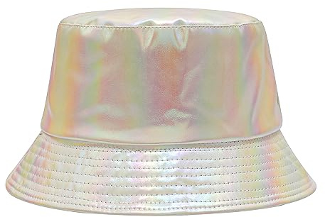 ZLYC Unisex Fashion Bucket Hat PU-Leder Regenhut wasserdicht Fischerhüte(Holografisches Beige)