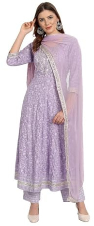 Rangnavi Set da donna in rayon Anarkali ricamato con stampa Kurta Pant e Dupatta, viola, S