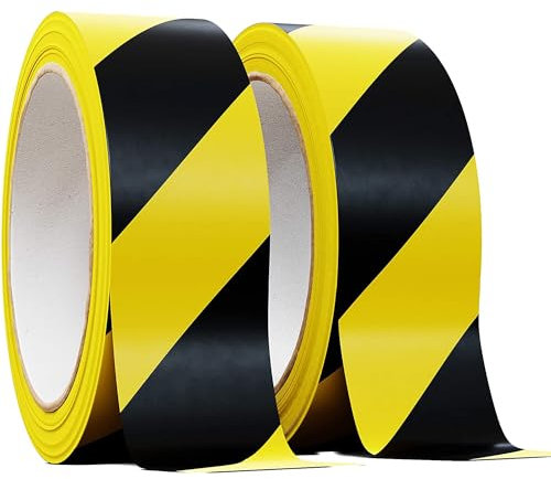 Hazard Tape,50mm x 33m Warning Barrier Tape Black and Yellow Self-Adhesive Safety Caution Tape PVC Caution Tape for Factory Floor Supermarkets Social Distancing Warehouse (2 Rolls)
