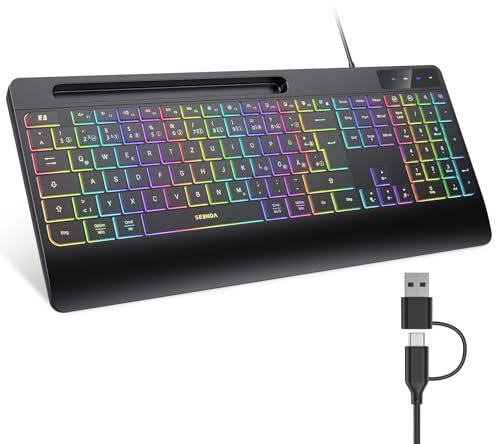 seenda KOE200 Kabelgebundene Tastatur beleuchtet, ergonomische Tastatur mit Handyhalter und Handballenauflage für PC/Tablet/Smarthandy/Windows/Mac, USB & Typ C Kabel, leise Klicken - QWERTZ Layout