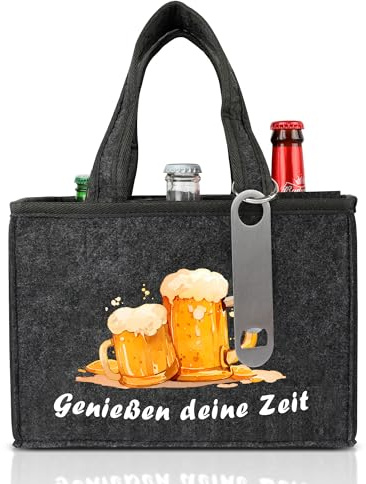 ipow Männerhandtasche Bier Flaschentasche mit Flaschenöffner, Flaschenträger 6 Flaschen aus hochwertigem Filz, wunderbares Geschenk für Herren, Vater, Sohn, Freund in Grau | Flaschentasche, 6 Flaschen Kapazität, hochwertiges Filz, wunderbares Geschenk für Herren, Vater, Sohn, Freund