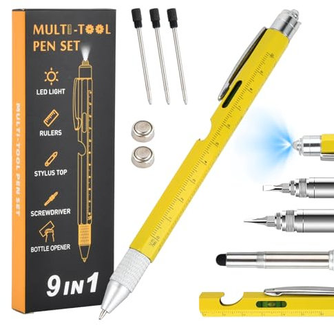 Stylo Multifonction 9 en 1 - Gadget Insolite Utile pour Homme, Cadeau Personnalisé pour Anniversaire et Papa (Jaune)