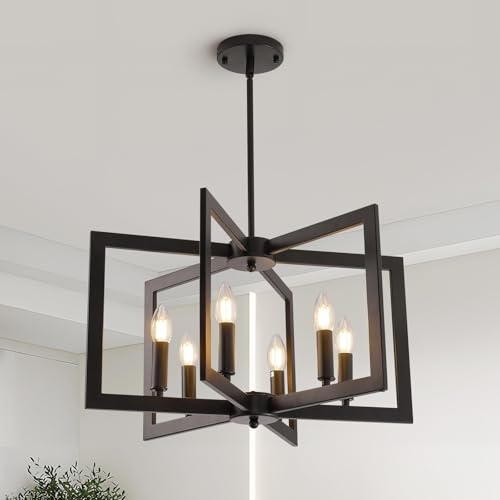 HvKvHvY Vintage lampe wohnzimmer,E14 Geometrische Bauernhaus Hängeleuchte 6-Licht Industrielle Metall Deckenleuchten Wohnzimmer Für Kücheninsel Flur Esszimmer Eingang (Schwarz)