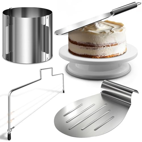 4smile 5 Teile Torten-Zubehör Set mit Tortenring verstellbar hoch 15 cm + Tortenschneider, Tortenheber, Tortenplatte drehbar, Streichpalette als praktisches Backzubehör-Set