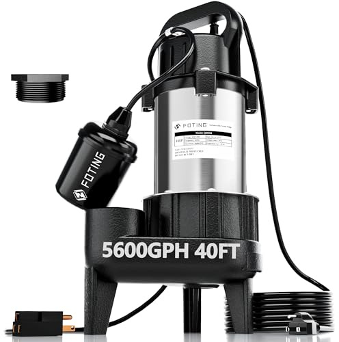 FOTING 1HP 5600GPH 40FT Submersible Sewage/Effluent Pump, Heavy Duty Cast Iron Septic Pump Automatic/Manual, Sump Pumps for Basement, Septic Tank, Sewage Well, Sewage System, 2'' NPT Discharge