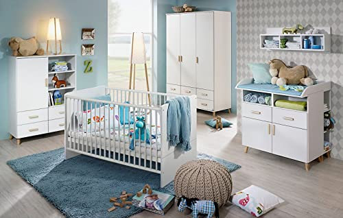 M Möbel-Direkt Deutschlands schnelle Möbel Babyzimmer Mieke - 8 teiliges modernes Kinderzimmer- Komplett Set in Weiß und Esche Coimbra – Made in Germany, enthält Massive Möbelteile