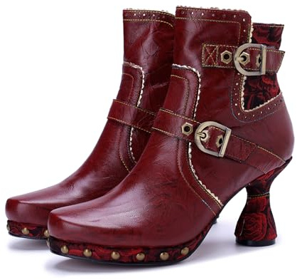 CrazycatZ Womens Leather Ankle Boots Floral Vintage Colorful Block Heels Bootie (Red Wine, Adult, Women, 5, Numeric, UK Footwear Size System, Medium)