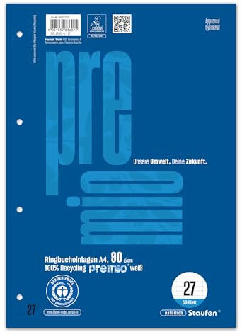 Staufen Premio Inserti per raccoglitori ad anelli - 5 blocchetti da 50 fogli ciascuno, DIN A4, righello formato 27 (righello 9 mm con RL), 4 fori, carta riciclata 90 g/m²