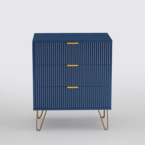 JOROBURO Kommode Nachttisch, Kommode mit vergoldeten Beinen und vertikalem, Komodenschrank, Schubladenkommode für Schlafzimmer, Wohnzimmer, Navy blau