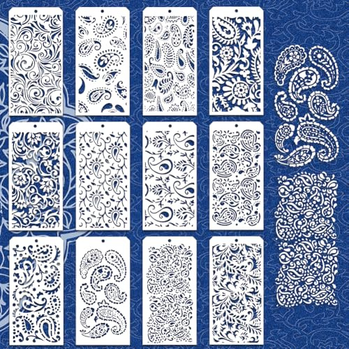 GOMAKERER 12 Stück Paisley Element Schablonen Zum Malen, 12 Stile Paisleymuster Mit Pfauenfedern Wiederverwendbare Schablonen Vorlagen Zum Bemalen von Möbeln Scrapbook Dekor