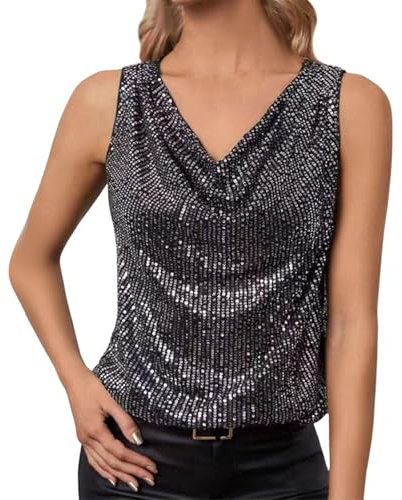 Débardeur Femme sans Manches- Top à Paillettes Col V Soirée Fête Blouse Brillante sans Manches Clubwear Disco Costume Carnaval Fête Tenue de Rave Slim Fit Soirée Cocktail Vintage Ample Hauts