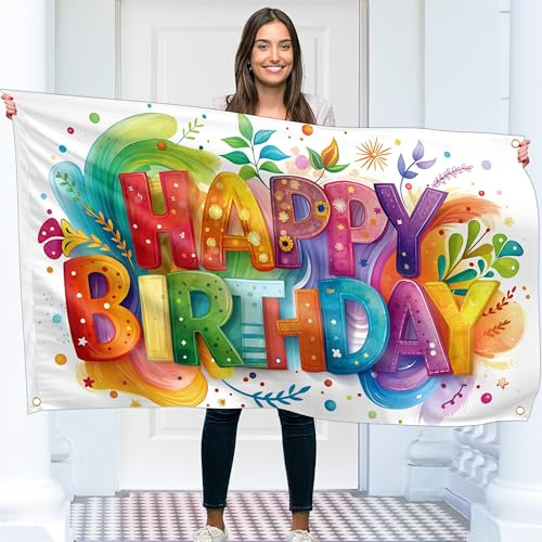 Happy Birthday-Banner – Geburtstagsdekorationen – Geburtstags-Hintergrund – Bday Banner Hintergrund 150 x 90 cm mit 4 Messinglöchern (Mehrfarbig 3)