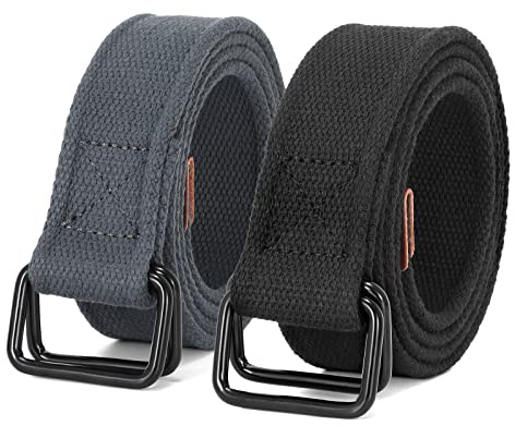 JASGOOD Men Canvas Fabric Belts Casual Web Cloth Belts with Black Double Ring Buckle 2 Pack,Black+Dark Gray