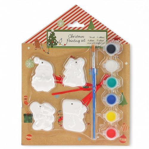 MIJOMA DIY Christbaumschmuck Set - Weihnachtsdekoration zum Personalisieren & Bemalen, 6 Farben & 1 Pinsel, Weihnachtsfiguren, Weihnachtsschmuck Bastelset Kinder & Erwachsene (4 Anhänger XMAS No.1)