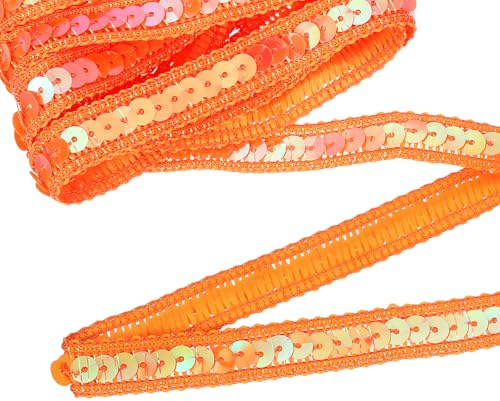 QUARKZMAN 11 Yard Cintas De Lentejuelas Ribete 0.5 Inch Trenza De Lentejuelas Gimp Ribete Lentejuelas Planas Paillette Tela Ribetes Planos Tiras Para Manualidades Costura Ropas, Naranja
