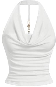 GORGLITTER Women's Ruched Halter Neck Top Going Out Tops White