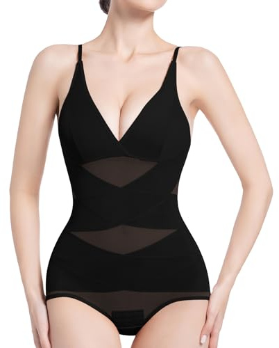 ONEW Shapewear Bodysuit for Women Seamless Tummy Control Sculpting Bodysuit Waist Trainer Body Shaper V Neckline Cami Top with Spaghetti Straps Black M