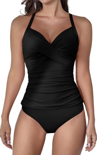 B2prity Damen Tankini Badeanzug mit Rüschen, V-Ausschnitt und Bindegürtel – Zweiteiliger Badeanzug mit Bauchkontroll-Effekt
