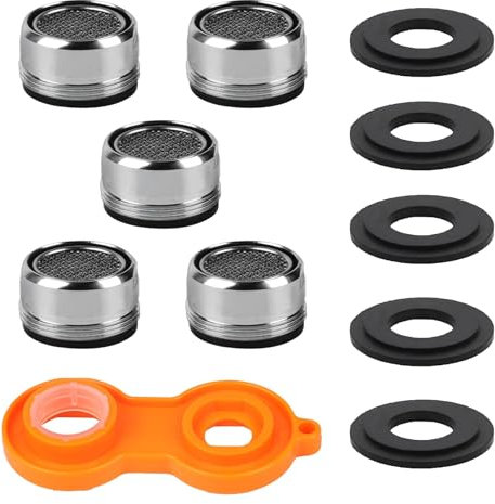 5 Stück M24 Wasserhahn Perlatoren Set mit Schlüssel - Strahlregler Siebeinsatz für Küche/Bad, Luftsprudler Filter gegen Spritzwasser & Weicher Strahl - Kompatibel mit Standard Wasserhähnen
