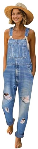 Womens Casual Summer Ribbed Holes Denim Pants Dungarees Regular Fit Jeans Bib Overalls Classic Distressed Jumpsuit Rompers