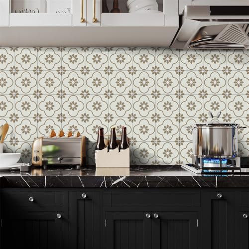 Piastrelle Adesive Cucina 15X15CM Fiore Beige Mattonelle Adesive Bagno Pvc Impermeabile Adesivi per Piastrelle Parete Fai da Te Adesivi per Cucina Decorazioni