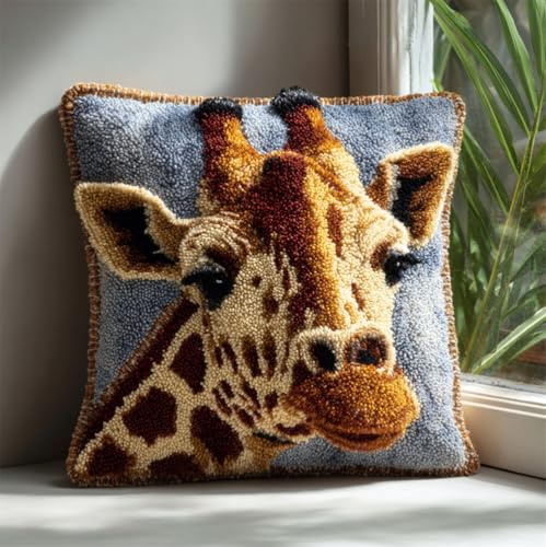 RKFLGEW Latch Hook Pillow Case Kits,Giraffe 17X17Inch 3D DIY Latch Hook Cushion Cover Kit,Knitting Kits Cushion for Adults and Beginners Rug Making Kit for Starters