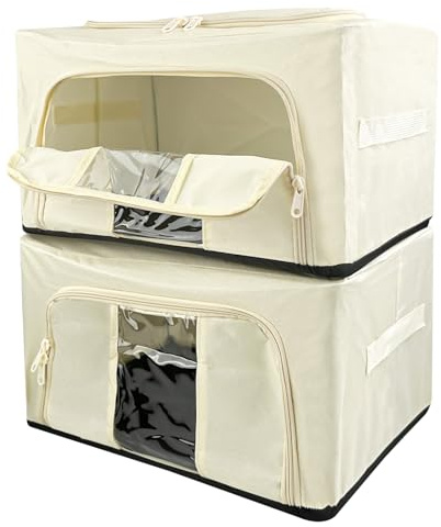 Legpador 2 Pezzi Scatole per Armadio Pieghevole, Organizzatore Armadio con Struttura in Metallo, Scatole per Vestiti, Contenitori per Armadio, Contenitore Vestiti per Biancheria da Letto(24L, Beige)