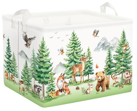 Clastyle Tannenwald Wildtiere Kinder Wäschekorb mit Henkel Faltbar Kleidung Spielzeug Aufbewahrungskorb Jungen Mädchen Aufbewahrungsbox für Babyzimmer Bad, Hirsch, 40x30x30 cm