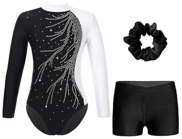 JIZYO Mädchen Turnanzug mit Hose Haarband Set Gymnastikanzug Shorts Trikot Turnen Langarm Kleidung Turnbody Kinder