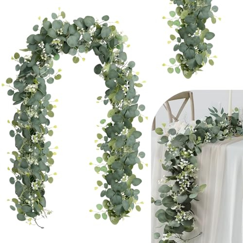 Eukalyptus Girlande, 2 Stück Künstliche Eukalyptus-Girlande, 1.9m Eukalyptus Reben, Künstliche Girlanden Pflanze, mit Grünen Blättern & Weißen Blumen, für Hintergrund Hochzeit Bogen Grün