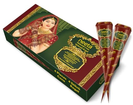 Neeta Henna-Kegel, 4er-Pack, natürliche Mehndi-Paste, rotbraune Farbe | Perfekt für Hochzeiten, Henna-Abende, Festivals, Feierlichkeiten und traditionelle Zeremonien
