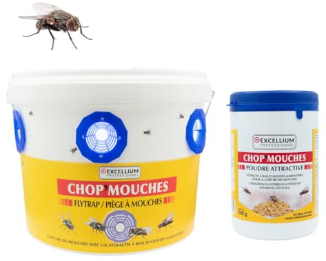 Piège à Mouches Extérieur Seau + Poudre 240g Chop'Mouches EXCELLIUM | Pack seau-piège réutilisable et recharge poudre, capture passive sans électricité, jusqu'à 7 semaines, extérieur