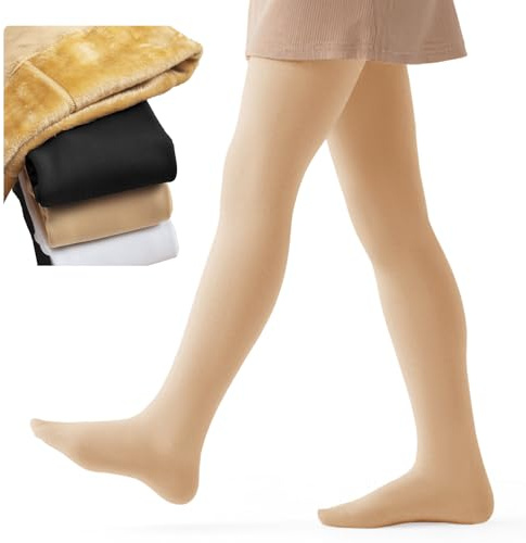 Domueay Medias Gruesas para niñas con Forro Polar, Invierno Termicas Opacas Mallas con pies, Elásticas Cómodas Leggings Pantimedias para Ballet, Danza, Escolares, 2-4 años, Color piel